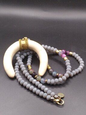 Signed FABULINA Horn Pendant and Crystal Faceted Beads